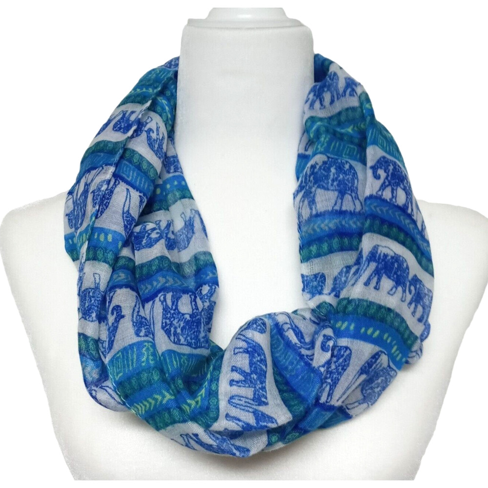 Womens Infinity Scarf Hijab Wrap Blue White Elephant Print Chevron Ikat 35x20